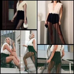 Klesis Cream Ruffle Bodice Black Sheer Overlay Mini Shorts Maxi Dress Romantic L